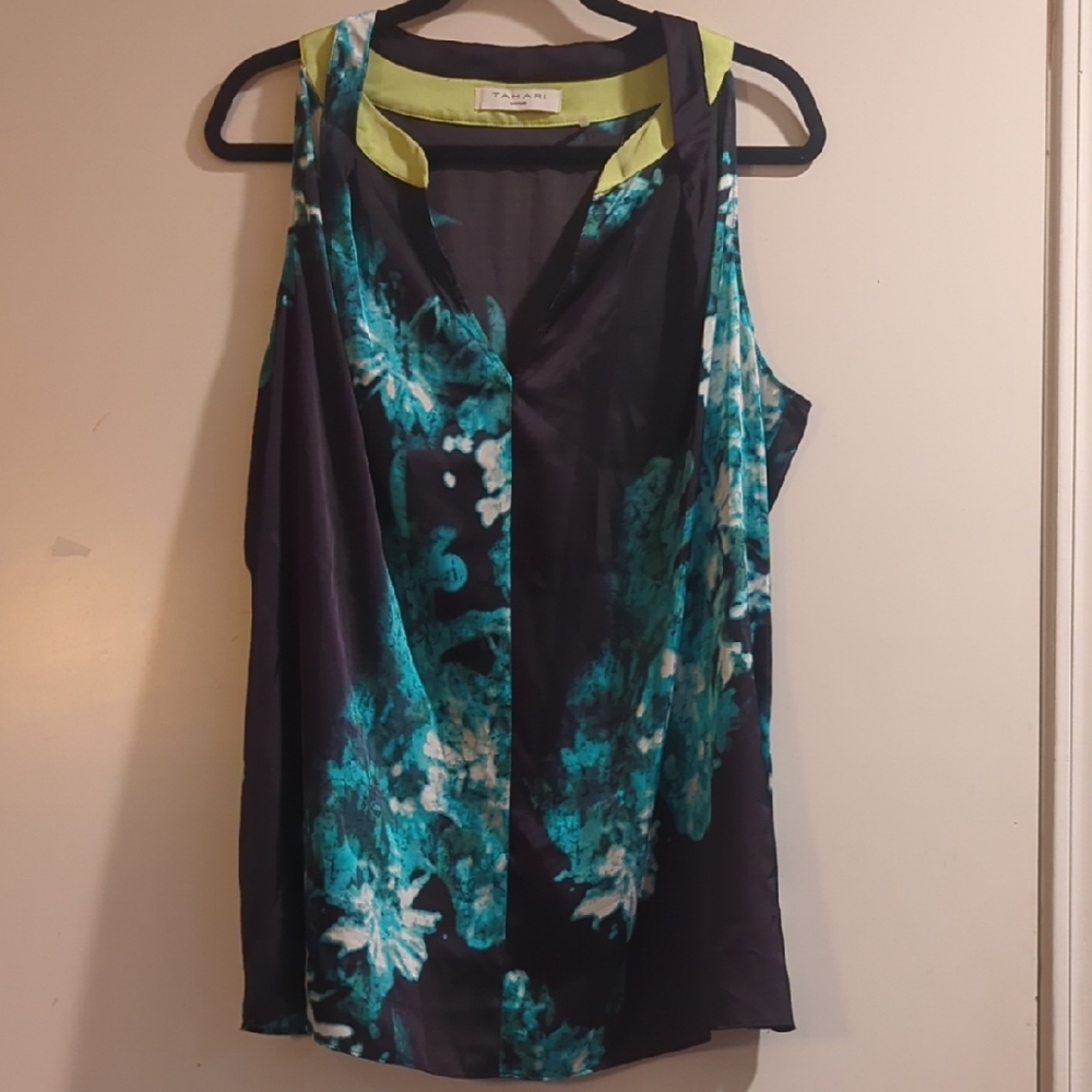 Tahari Sleeveless Blouse - Black and Teal Floral Design